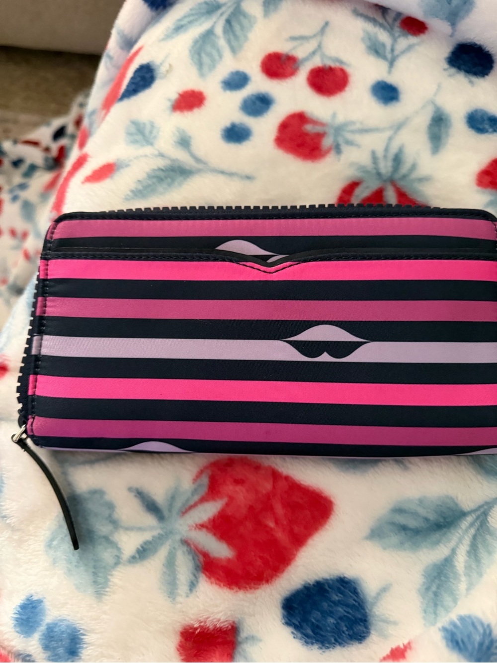 kate spade Pink and Black Striped Zip Wallet